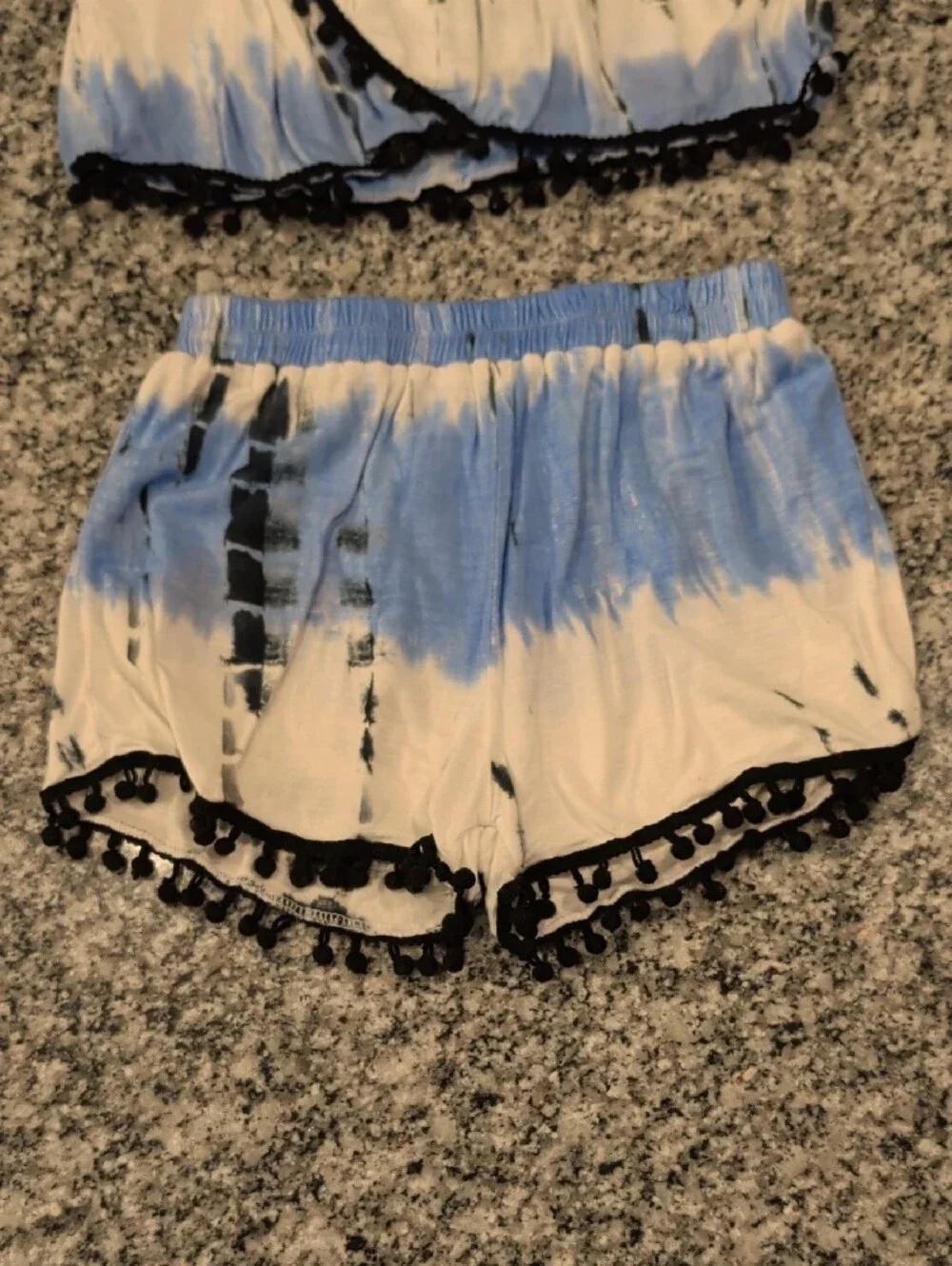 Blue & White Tie-Dye Pom Trim Two-Piece Set